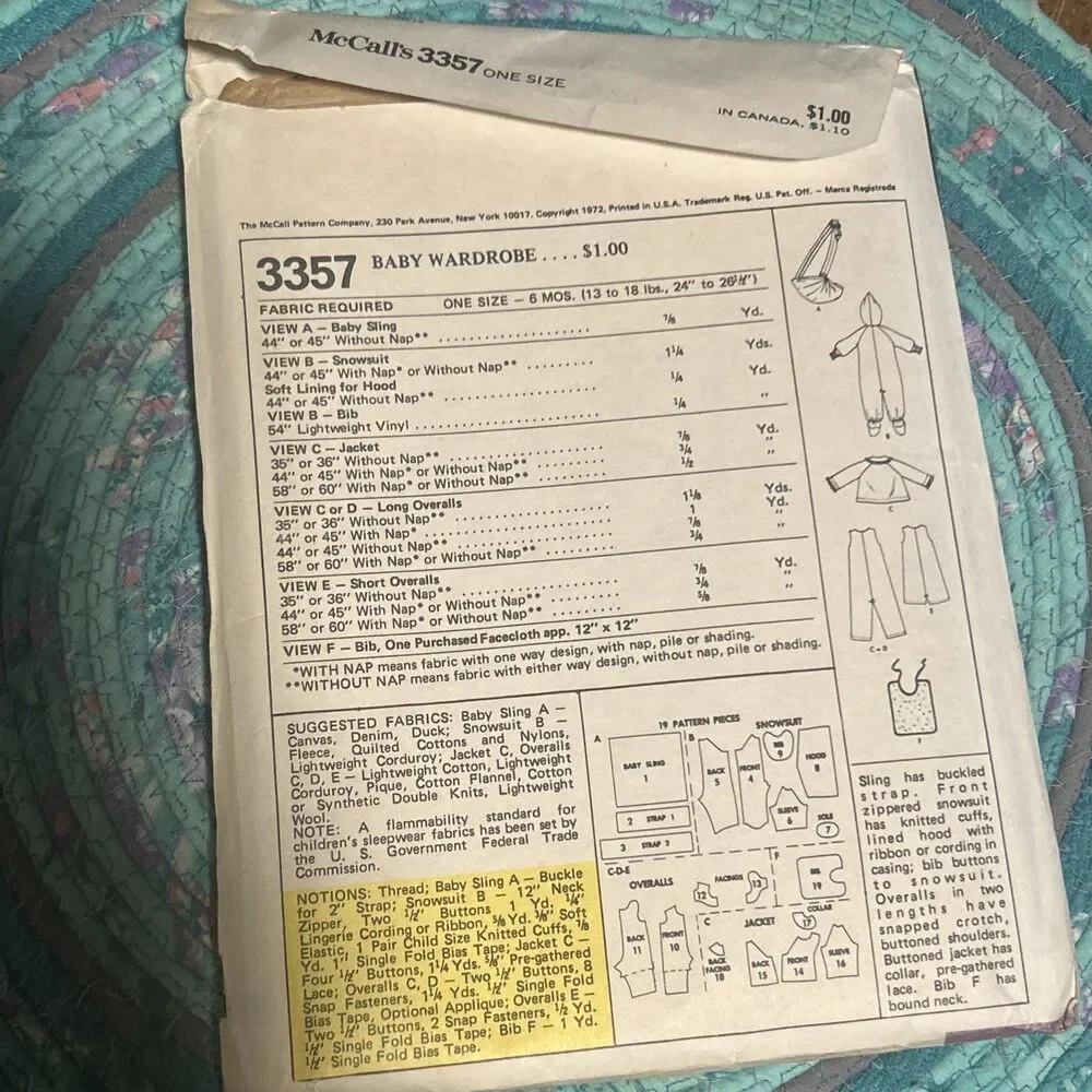 Vtg McCalls Infant Sleeper Pajamas Overalls Sling Bib 6 Month Pattern 3357 UNCUT